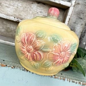 Vintage Hull Yellow Sunglow Pottery Grease Jar Pink Floral USA 53 IMPERFECT